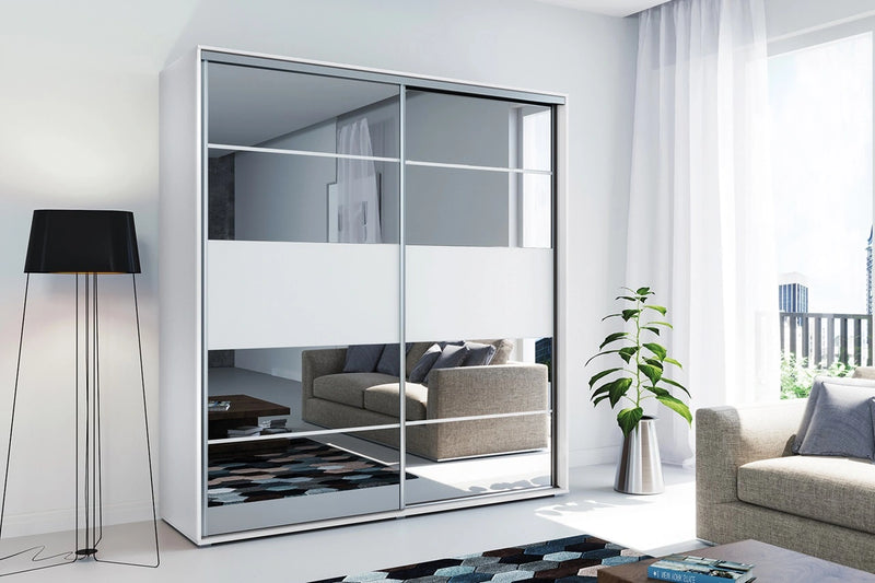 Biała szafa ubraniowa z lustrami na froncie i drzwiami przesuwnymi Apollo 2-6