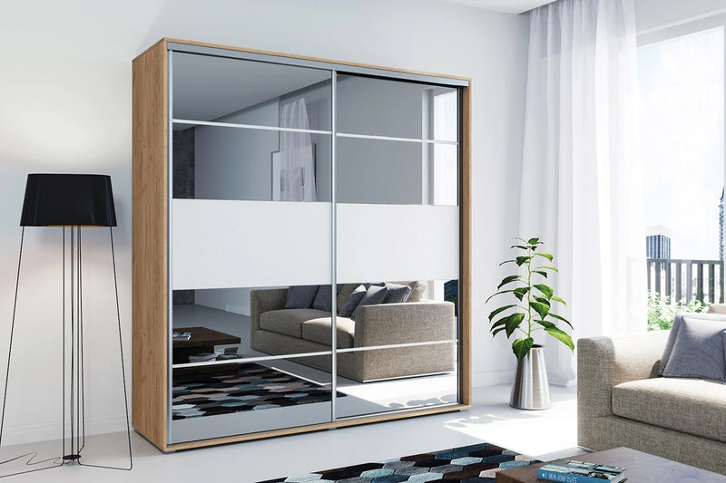 Szafa ubraniowa kraft złoty i biały z lustrami na froncie i drzwiami przesuwnymi Apollo 2-6