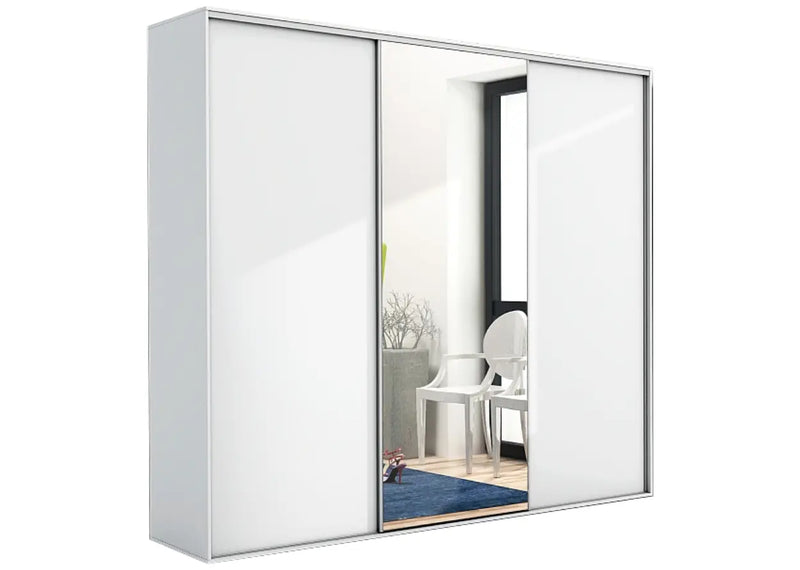 Biała szafa przesuwna z lustrem na froncie