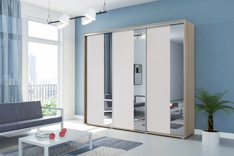 Biała szafa do sypialni z korpusem w sonomie i paskami luster w aranżacji Apollo 3-29