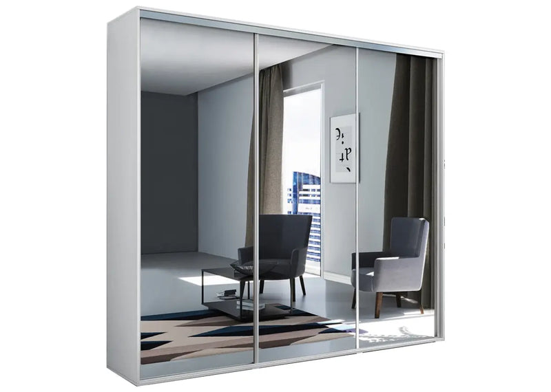 Szafa z lustrem i półkami w kolorze białym.