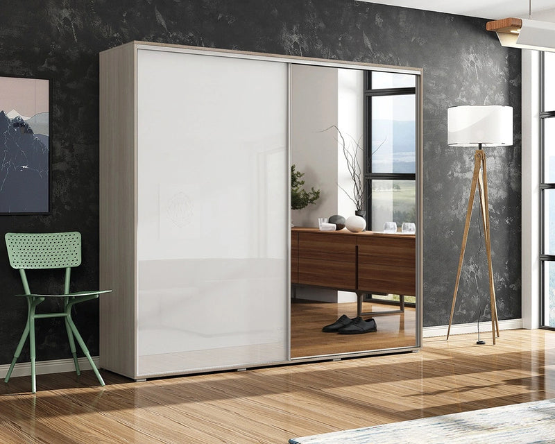 Szafa z lustrem w kolorze białym i sonoma Apollo 2-7 w aranżacji