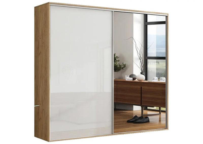 Nowoczesna szafa do sypialni, z pólkami i wieszakami oraz lustrem na froncie