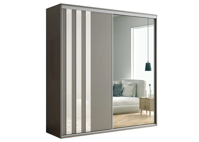 Szara szafa ubraniowa z lustrem na froncie