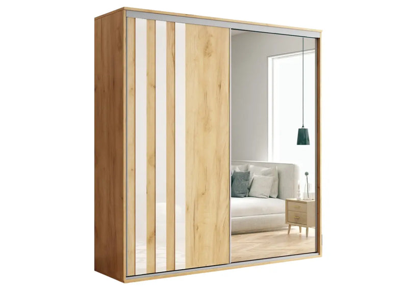 Szafa ubraniowa w kolorze kraftu złotego z białym lakobelem na froncie