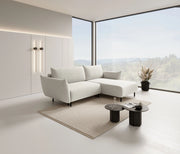 Kremowy narożnik boucle w modnym salonie