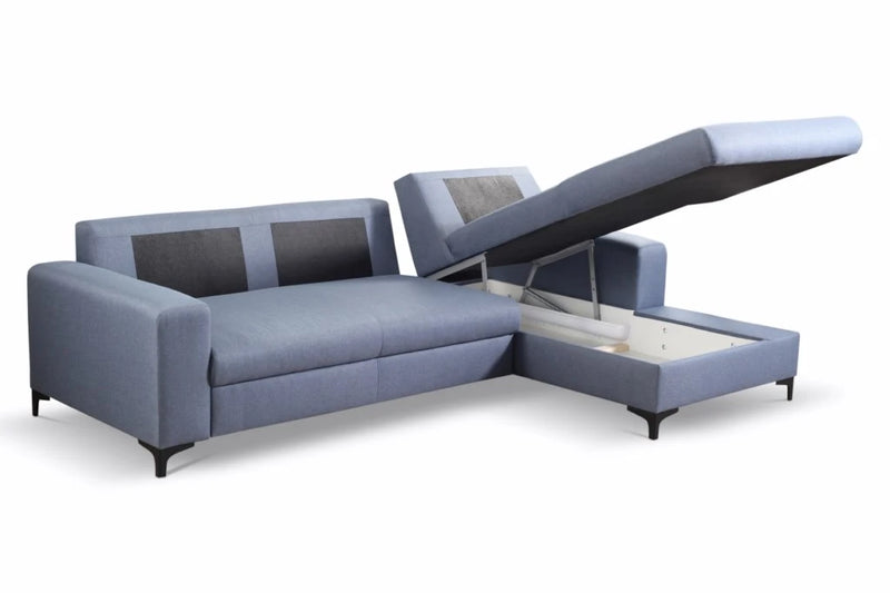 Błękitny narożnik z funkcją spania Averro i pojemnikiem