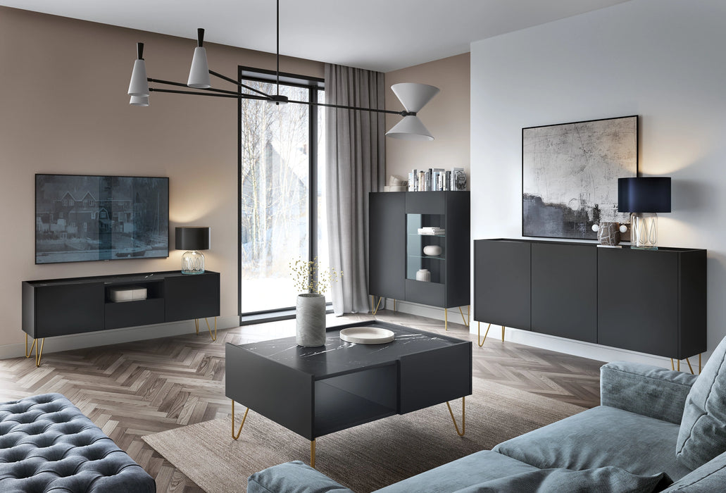Czarna komoda Helios – elegancja z blatem w imitacji marmuru w salonie