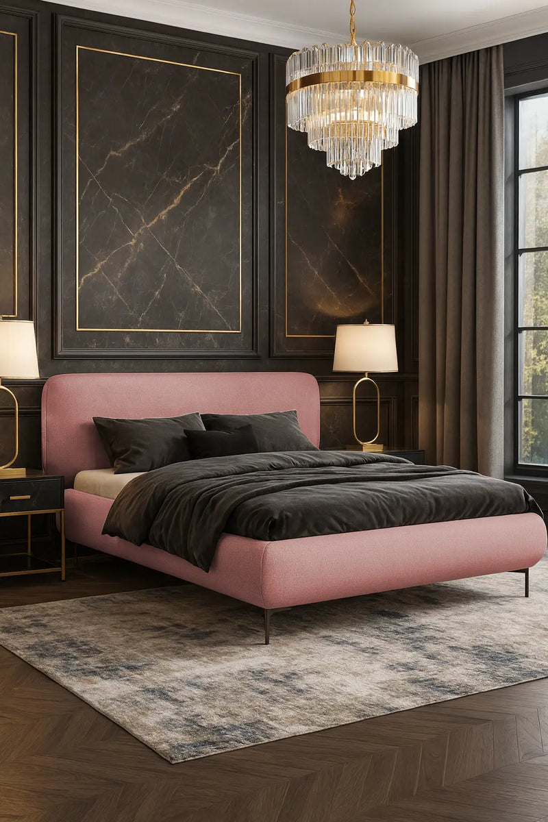 Nowoczesna sypialnia z kaszmirowym łóżkiem Ovo