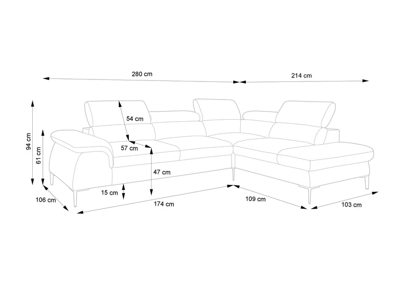 Narożnik Blink na nóżkach, z funkcją spania wymiary