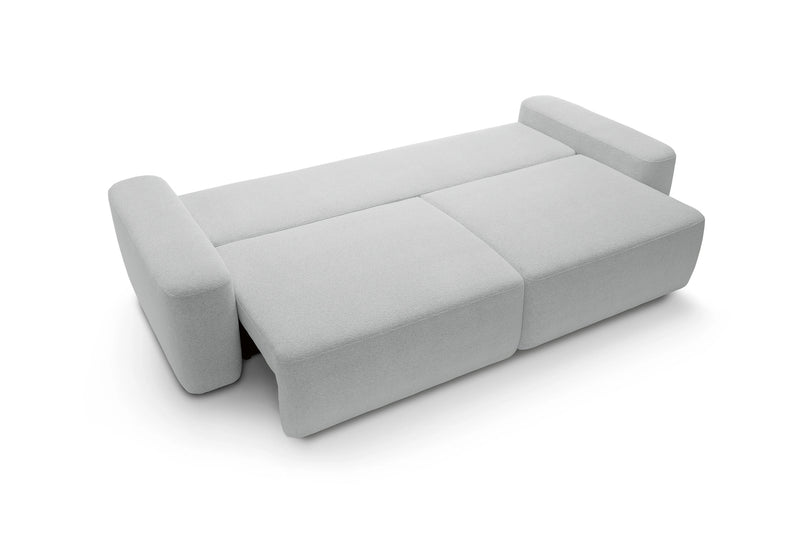 Jasnoszara rozkładana sofa Beonce z funkcją spania rozłożona