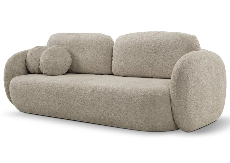 Beżowa sofa w modnej tkaninie boucle z funkcją spania