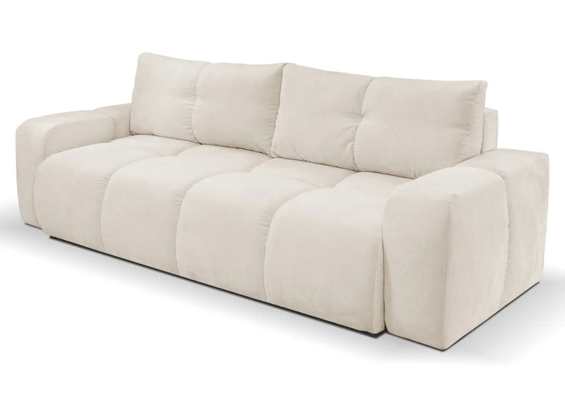 Beżowa sofa z pikowanym siedziskiem i funkcją spania