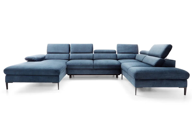 Granatowy narożnik z funkcją spania i pojemnikiem na pościel