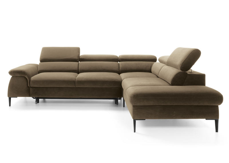 Brązowy narożnik z regulowanym oparciem na metalowych nóżkach