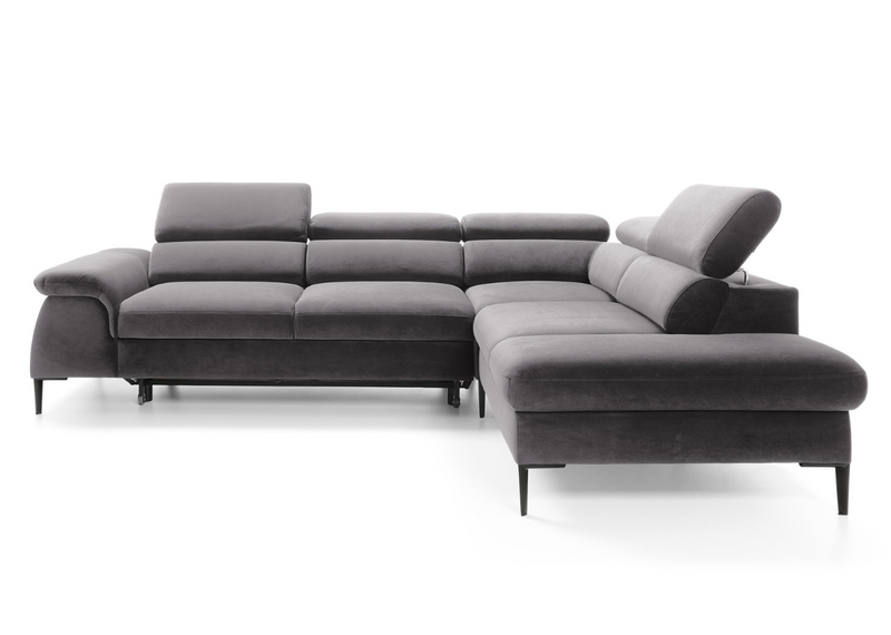 Szary narożnik do spania na metalowych nóżkach