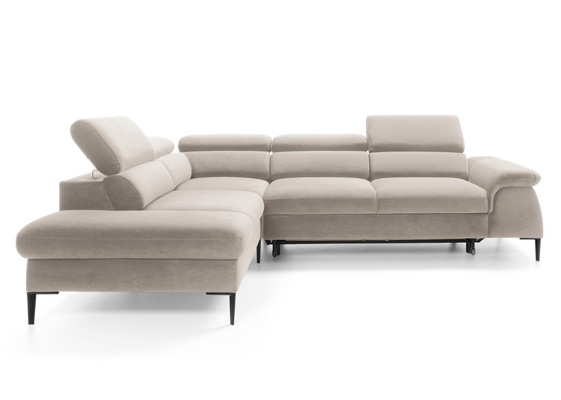 Beżowy narożnik z regulowanym oparciem i pojemnikiem na pościel