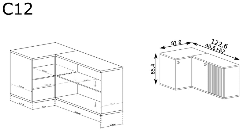 Szkic z wymiarami komody narożnej California
