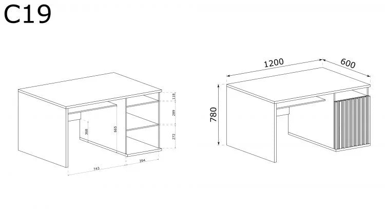Szkic z wymiarami biurka z lamelami California