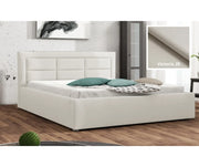 Kremowe łózko z pojemnikiem i metalowym stelażem