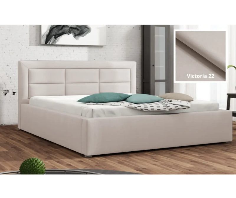 Beżowe łózko dobrej jakości z pojemnikiem i panelami 