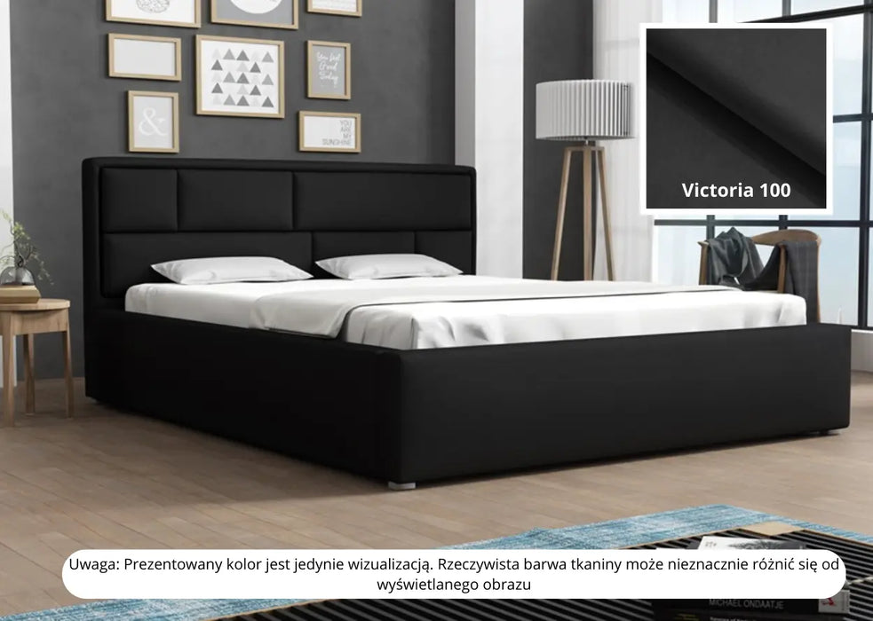 Czarne łóżko z pojemnikiem Decoria w sypialni z modną lampą