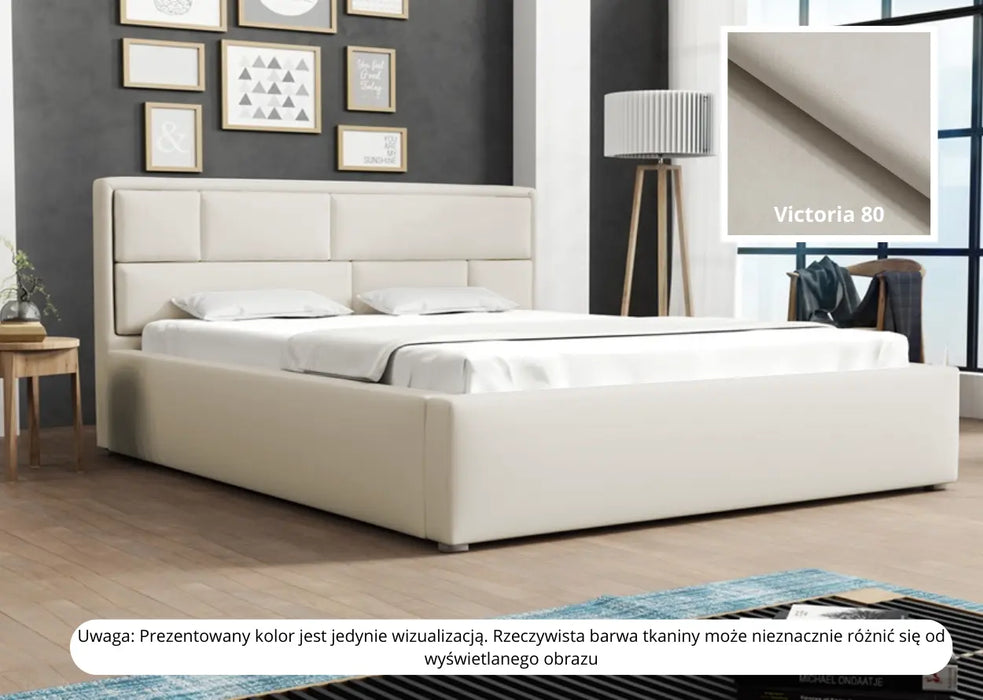 Kremowe łóżko z pojemnikiem Decoria w sypialni z modną lampą