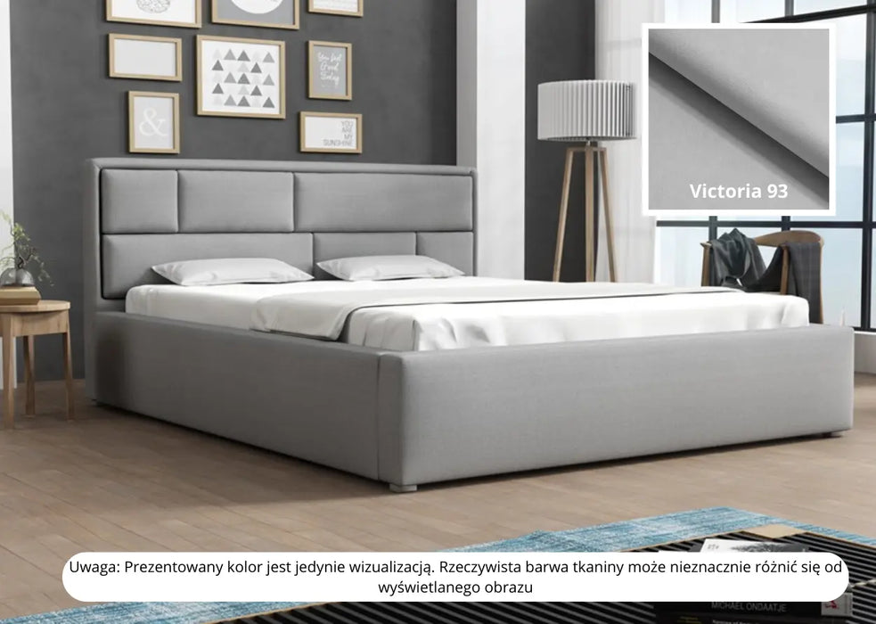 Jasno szare łóżko z pojemnikiem Decoria w sypialni z modną lampą