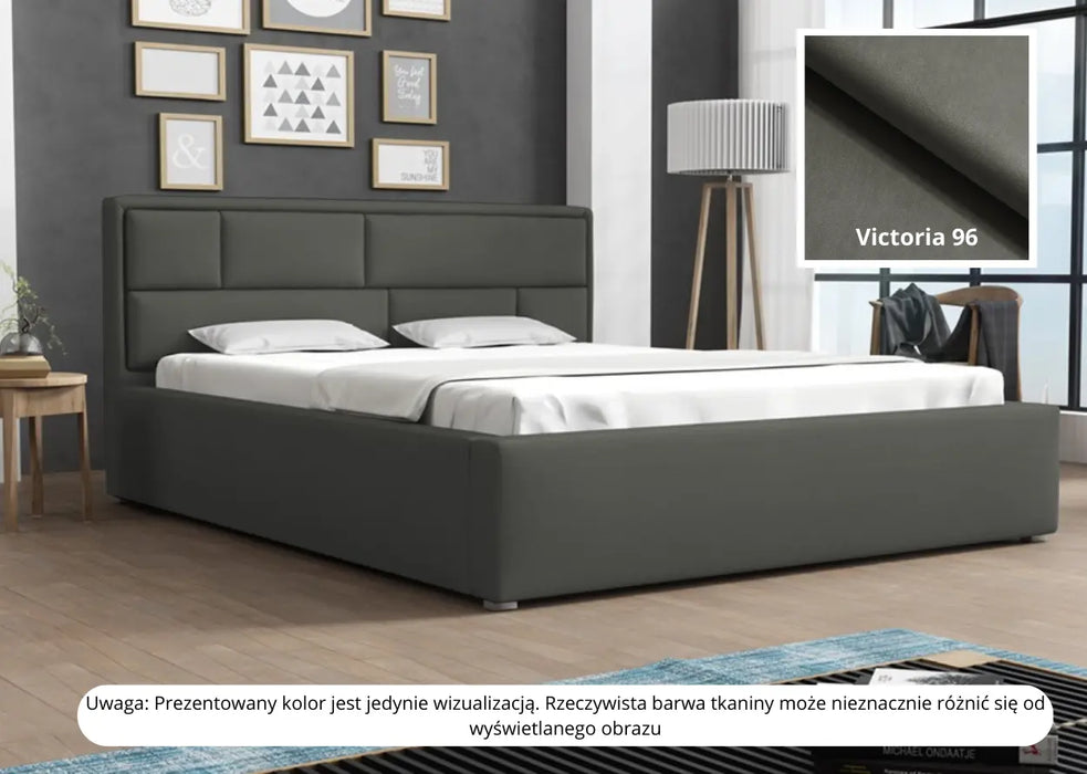 Ciemno szare łóżko z pojemnikiem Decoria w sypialni z modną lampą