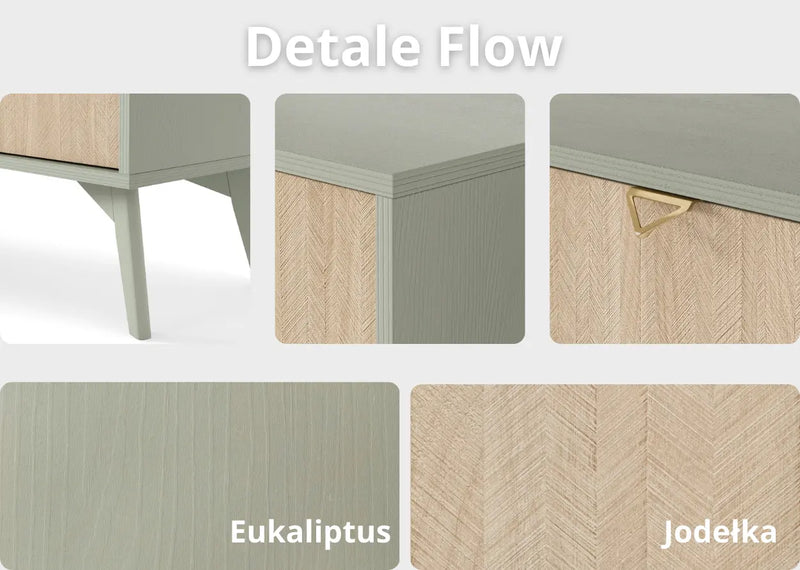 Detale wykończenia regału Flow JP80 w kolorze eukaliptusa