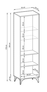 Rysunek techniczny witryny Does W.EC54 z wymiarami i szczegółowymi informacjami o półkach