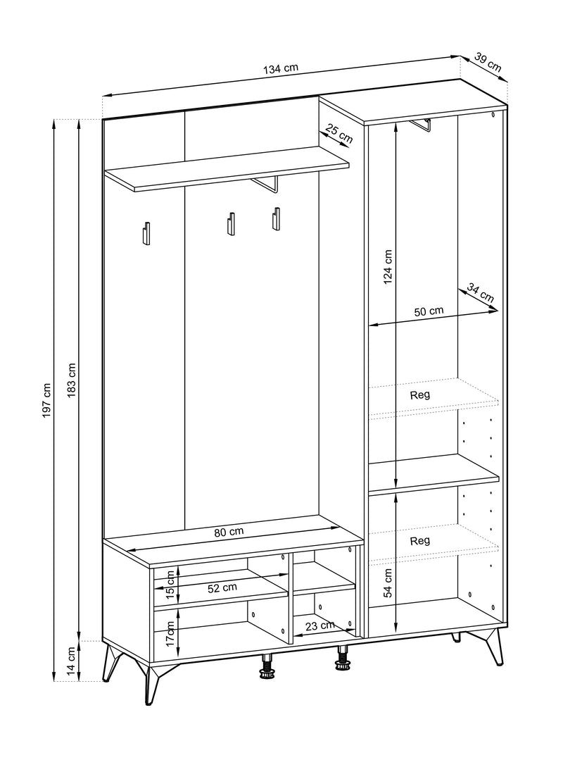 Rysunek techniczny garderoby Does G.EC134 z wymiarami