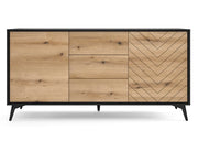 Duża komoda na nóżkach z szufladami i półkami.