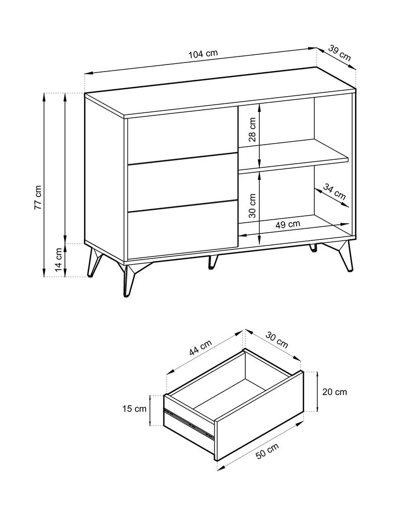 Rysunek techniczny komody Does KSZ.EC104 z wymiarami.