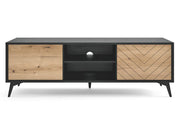 Świetna szafka pod telewizor w modnym zestawieniu czerni z naturalnymi kolorami drewna