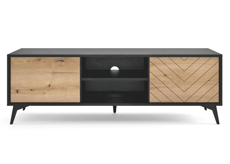 Świetna szafka pod telewizor w modnym zestawieniu czerni z naturalnymi kolorami drewna