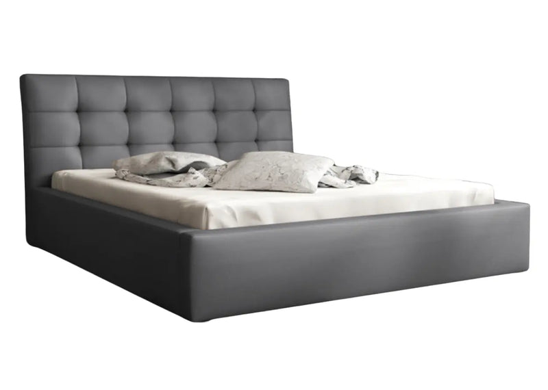 Szare łózko do sypialni w modnej tkaninie