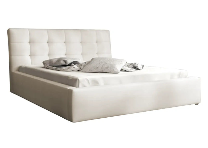 Kremowe łózko z pojemnikiem i metalową ramą