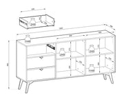 Schemat montażu komody Flow D.JE158 z wymiarami i maksymalnym obciążeniem półek oraz szuflad