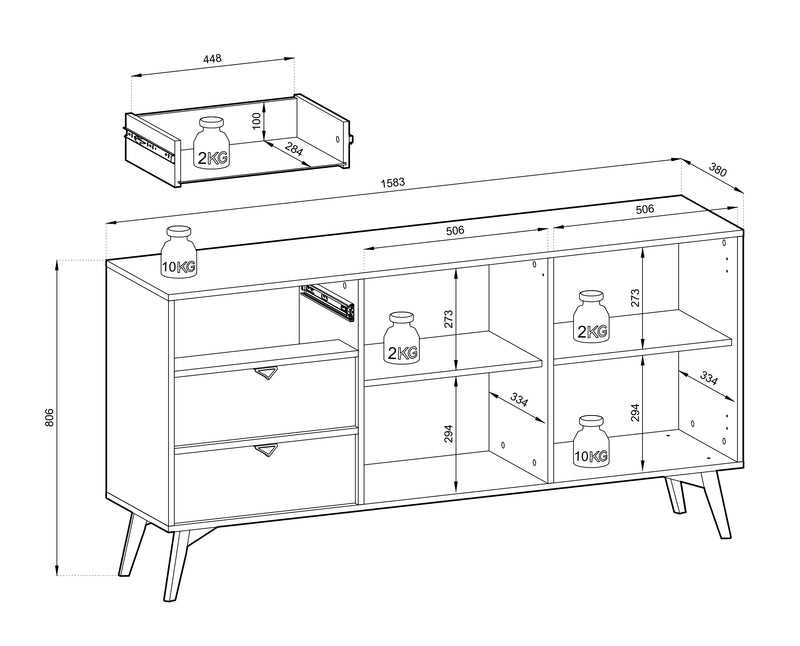 Schemat montażu komody Flow D.JE158 z wymiarami i maksymalnym obciążeniem półek oraz szuflad