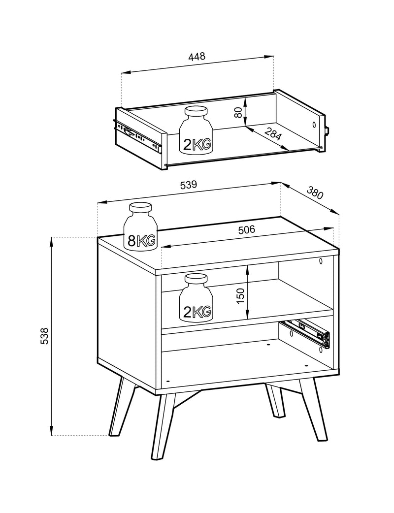 Rysunek techniczny z wymiarami stolika nocnego Flow JE54, w tym wymiary szuflady i półki
