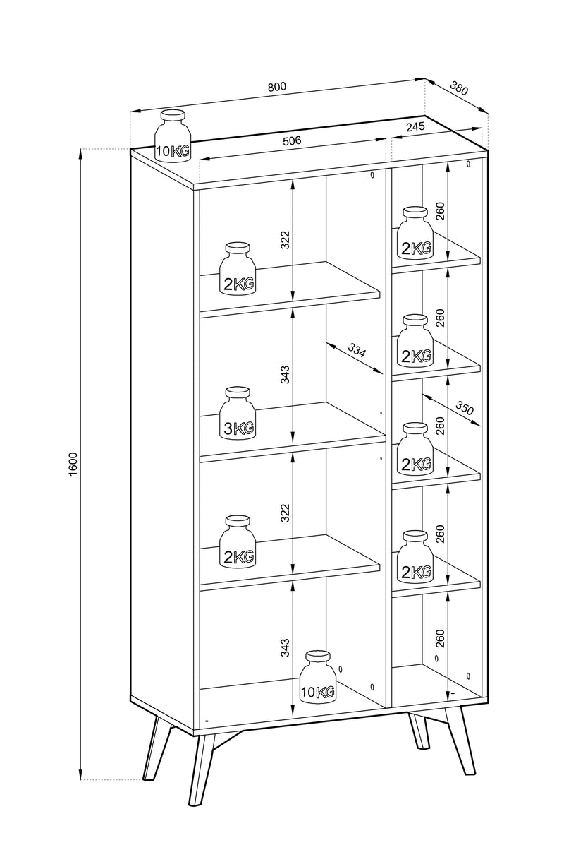 Schemat montażu regału Flow JP80 z wymiarami i maksymalnym obciążeniem półek oraz szafek