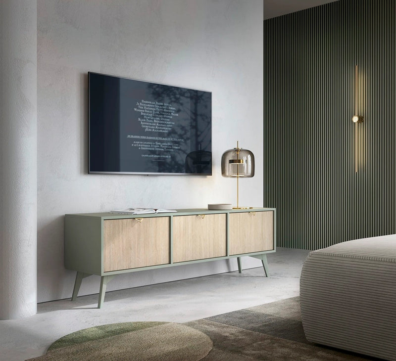 Szafka RTV Flow JE158 w nowoczesnym wnętrzu, z telewizorem.