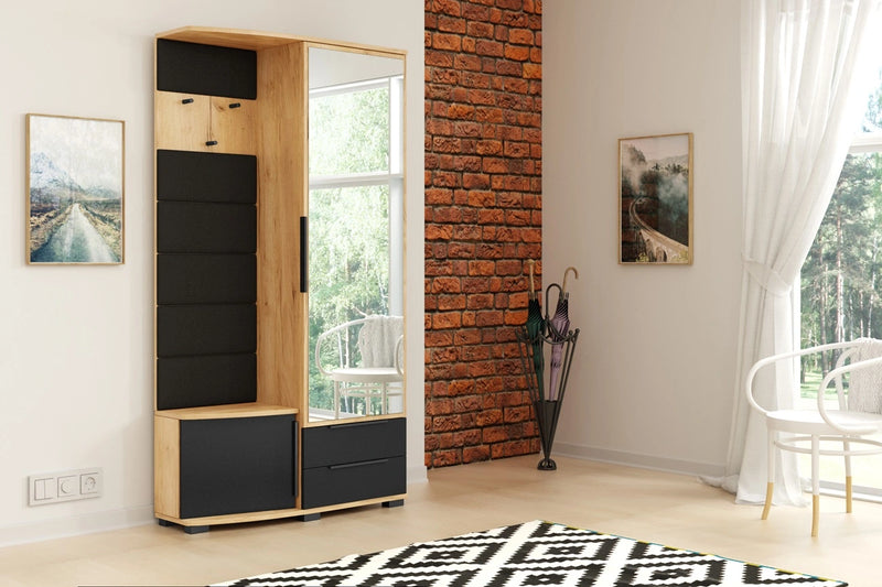 Kazual garderoba tapicerowana w zestawie z lustrem Cleo prawa w aranżacji