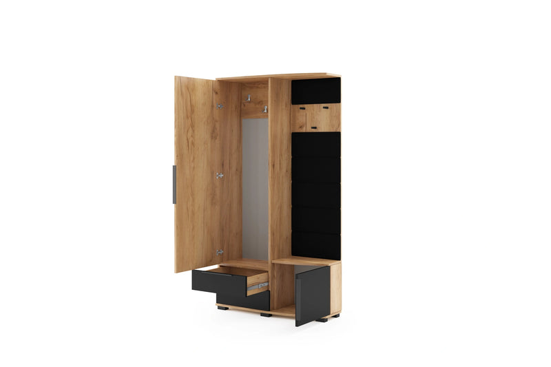 Kazual garderoba tapicerowana w zestawie z lustrem Cleo lewa z otwartymi drzwiami