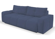 Granatowa sofa z pikowanymi poduszkami i siedziskiem oraz pojemnikiem