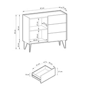 Czarna komoda z blatem w kolorze marmuru i złotymi nóżkami z wymiarami