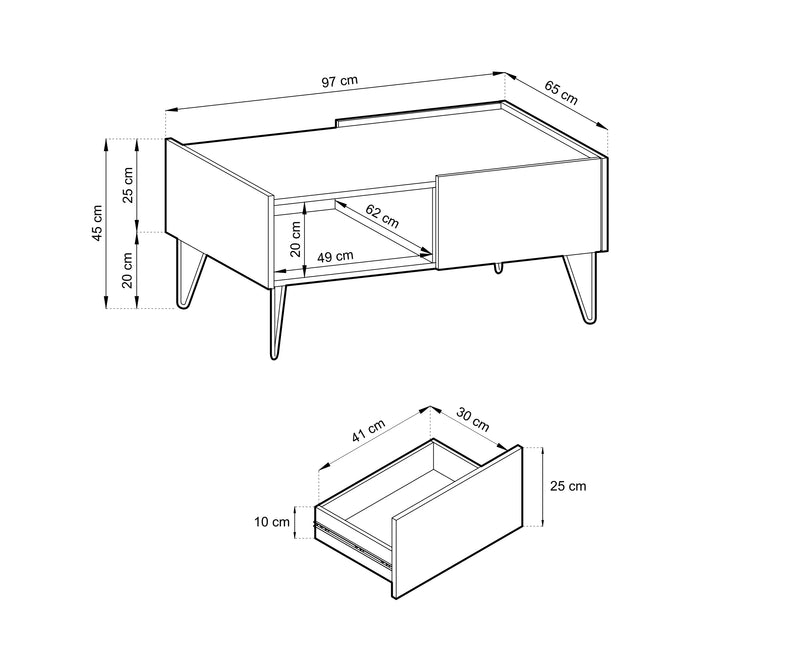Ława do salonu Helios z funkcjonalnymi rozwiązaniami z wymiarami.