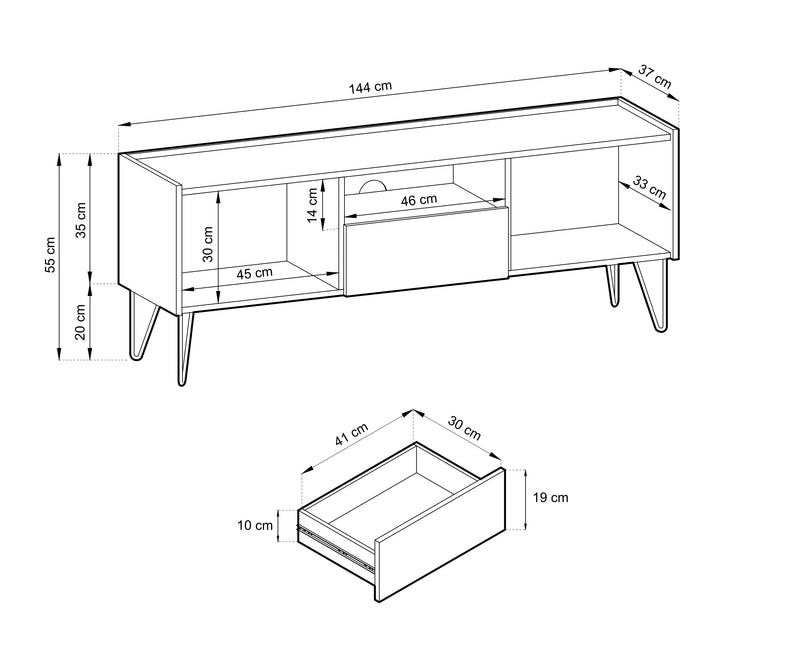 Stolik pod telewizor Helios - czerń połączona ze złotem z wymiarami.