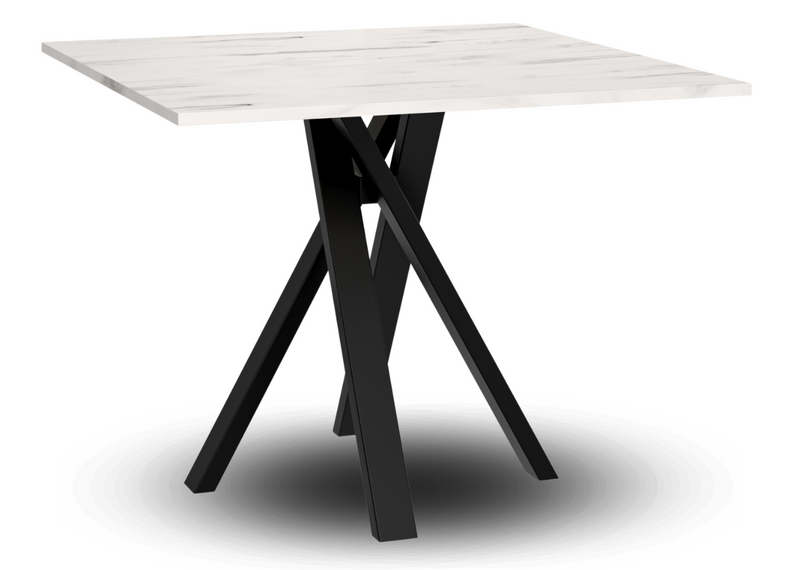 Kwadratowy stół z blatem w kolorze jasnego marmuru